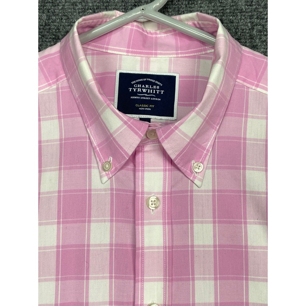 Charles Tyrwhitt Mens L Classic Fit Non Iron Pink Plaid Button Down Shirt Preppy